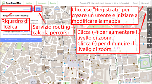 OpenStreetMap website with some main functions listed