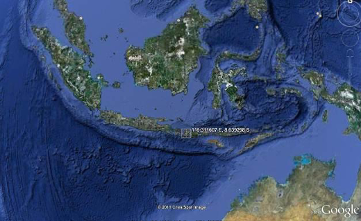 Google Earth software, showing coordinates of Lombok, Indonesia