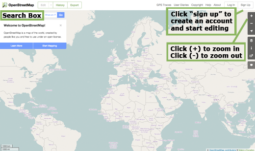 Trang web OpenStreetMap với một số tính năng chính được liệt kê